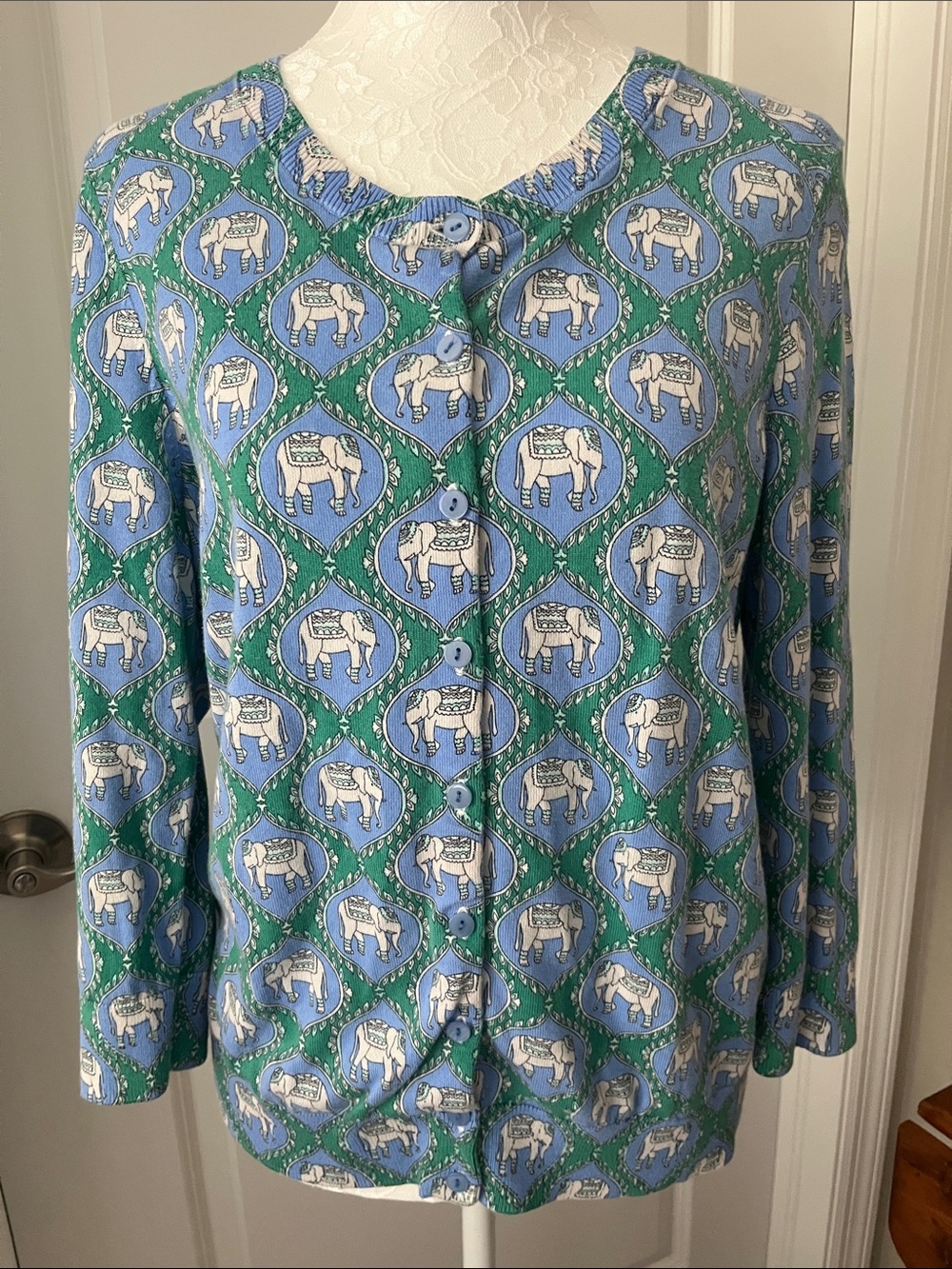 Talbots Blue and Green Pattern Elephant Lightweight Button Up Cardigan